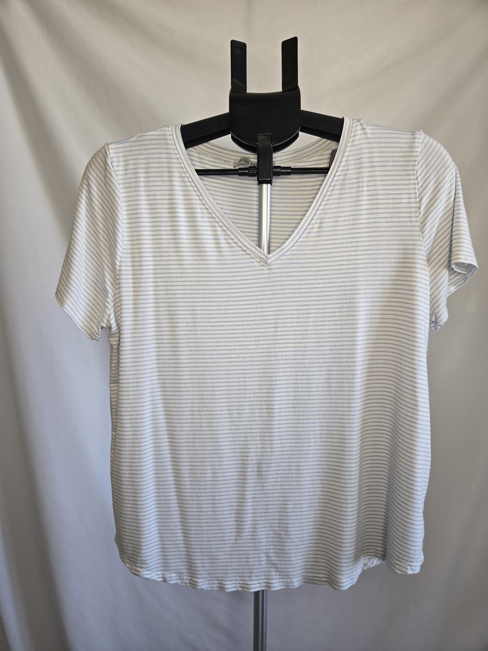 Green Envelope Women's V-Neck Short Sleeve Top - White with Light Blue Stripes